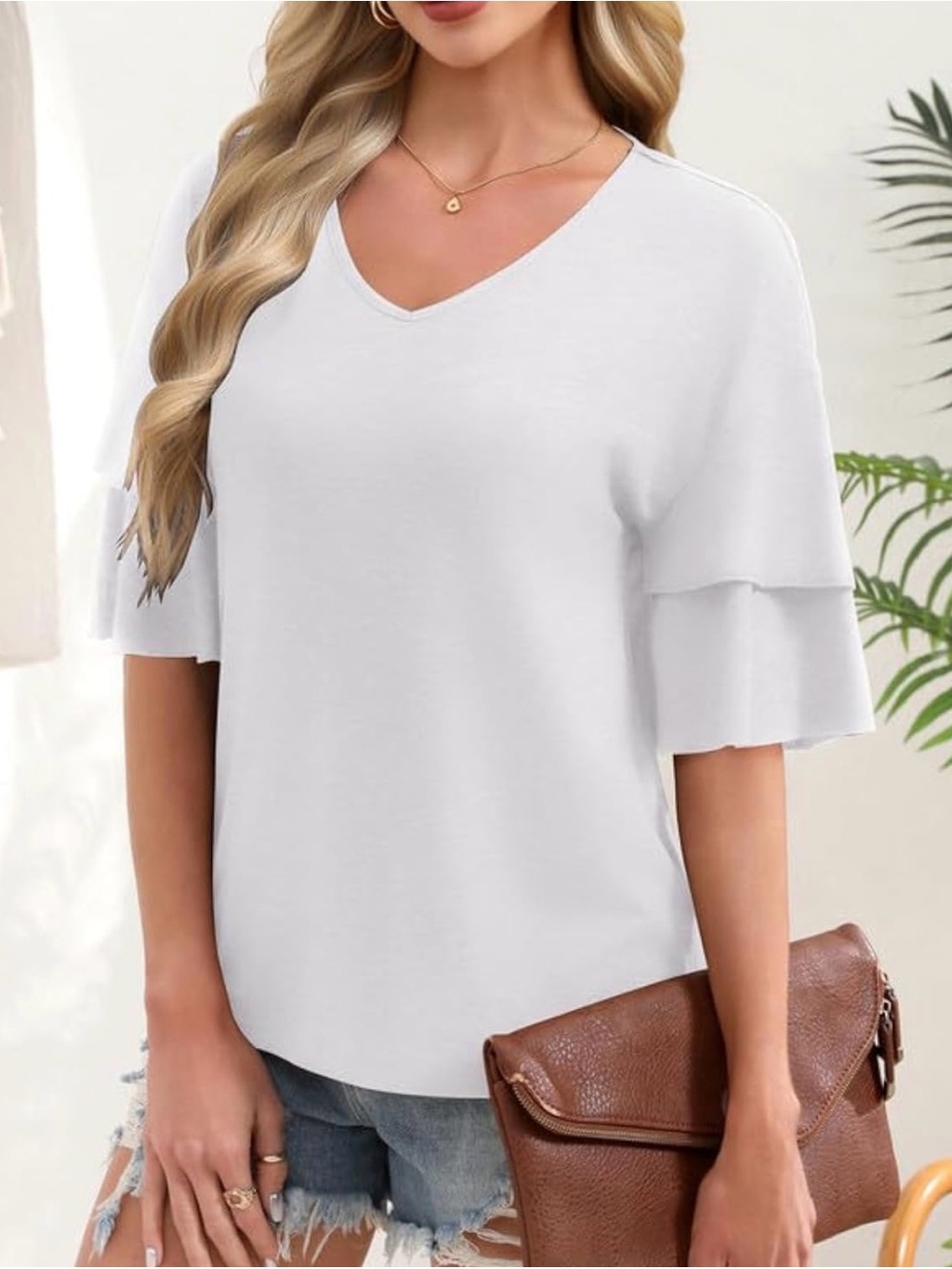 Classic V-Neck Layered Sleeve Tunic - White